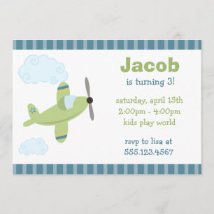 Green and Blue Airplane Birthday Party Invitations