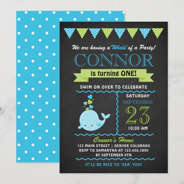 Green and Blue Baby Whale Birthday Party Invite (Front/Back)