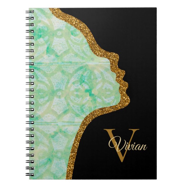 Green And Blue Black And Gold Glitter Face Notebook (Front)