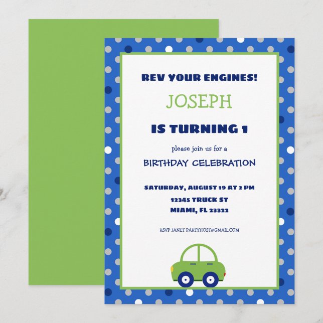 Green and Blue Car Kids Birthday Party Invitation (Front/Back)