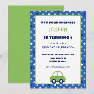 Green and Blue Car Kids Birthday Party Invitation