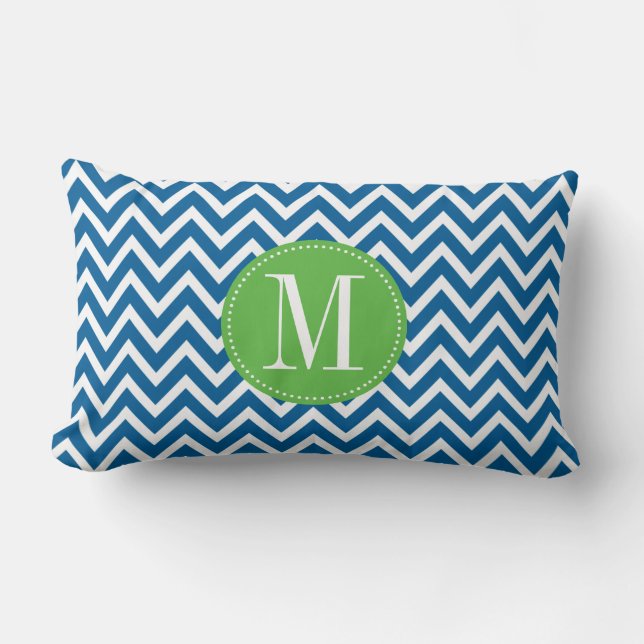 Green and Blue Chevron Custom Monogram Lumbar Pillow (Front)