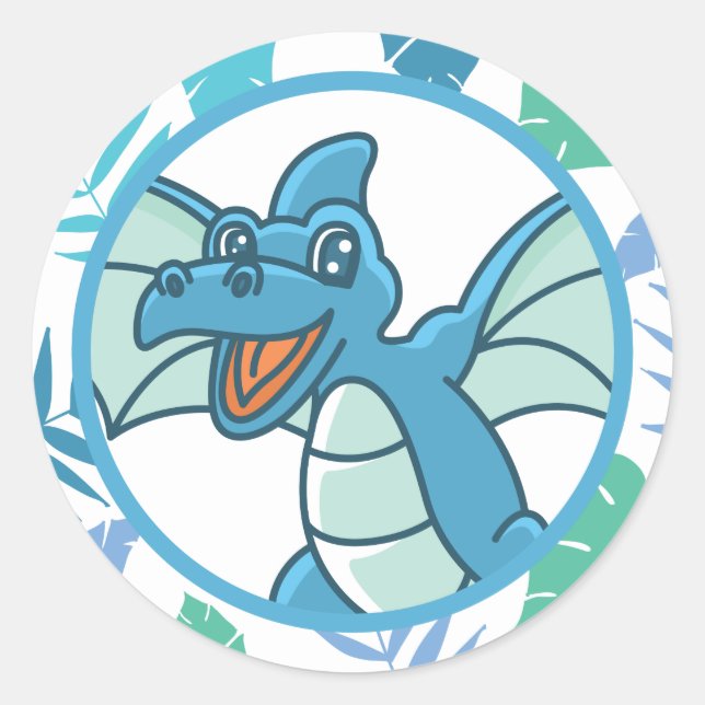 Green and Blue Cute Dragon Dinosaur Classic Round Sticker (Front)