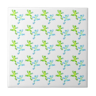 Green and Blue Dancing Frogs Pattern Tile