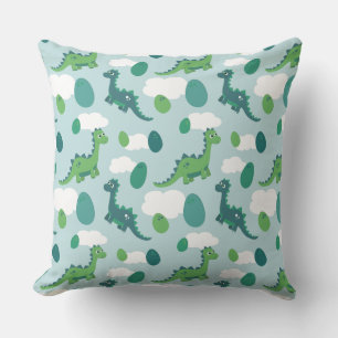 Green and blue dinosaur animals eggs and clouds throw pillow