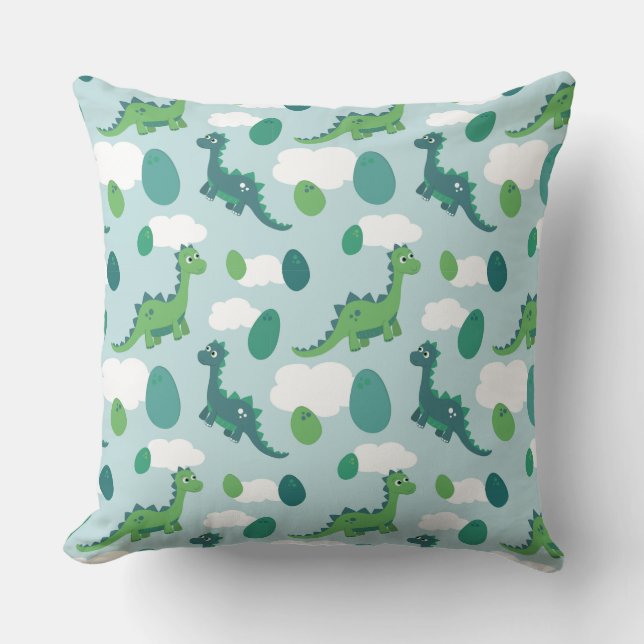 Green and blue dinosaur animals eggs and clouds throw pillow (Front)