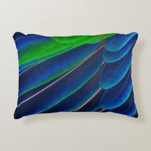 Green and blue feather close-up photography accent pillow