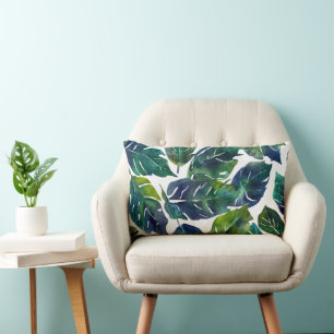 Green and Blue Foliage Philodendron Botanical Lumbar Pillow