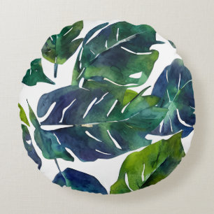 Green and Blue Foliage Philodendron Botanical   Round Pillow