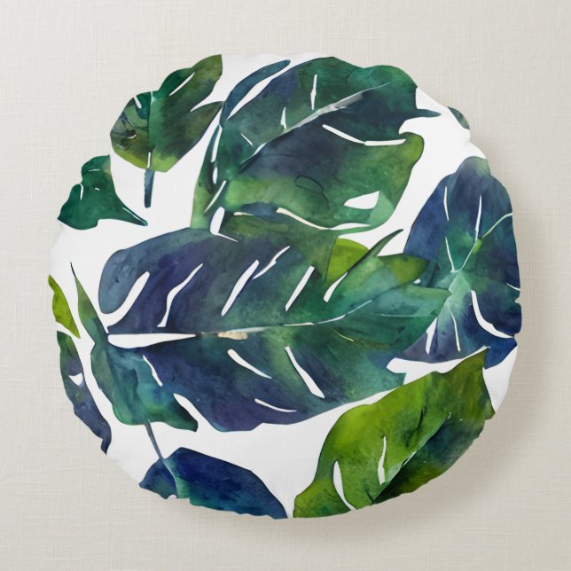 Green and Blue Foliage Philodendron Botanical   Round Pillow (Front)