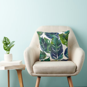 Green and Blue Foliage Philodendron Botanical Throw Pillow