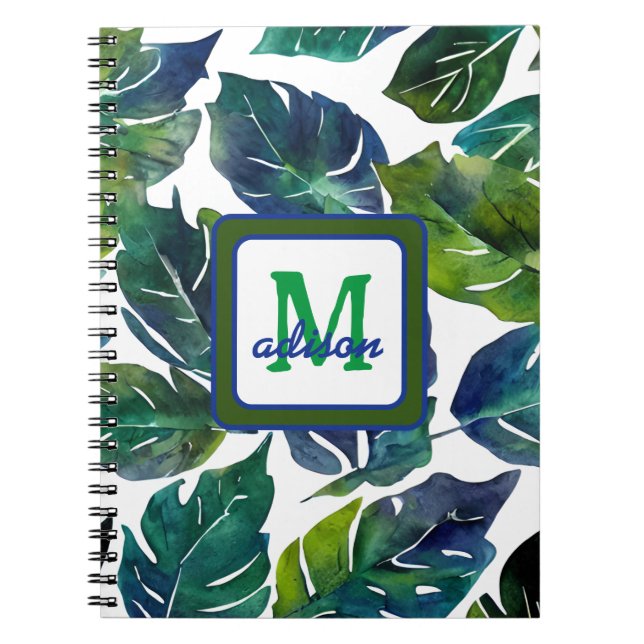 Green and Blue Foliage Philodendron Monogrammed Notebook (Front)