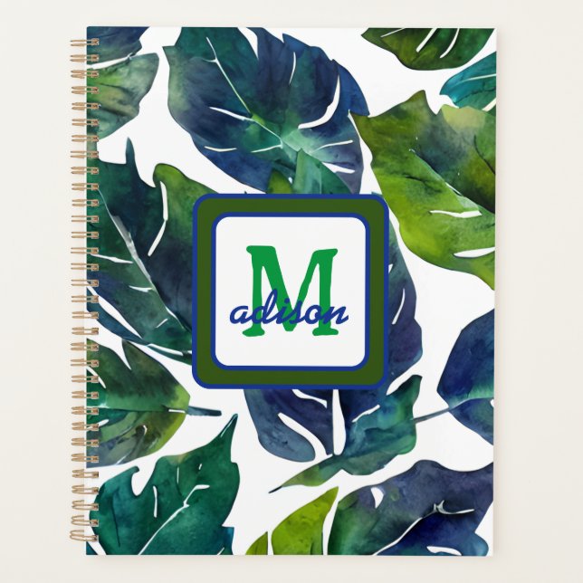 Green and Blue Foliage Philodendron Monogrammed Planner (Front)