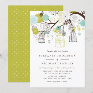 Green and Blue Hanging Birdcages Wedding Invitation