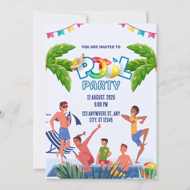 Green and Blue Illustrative Pool Party Invitation (Front)