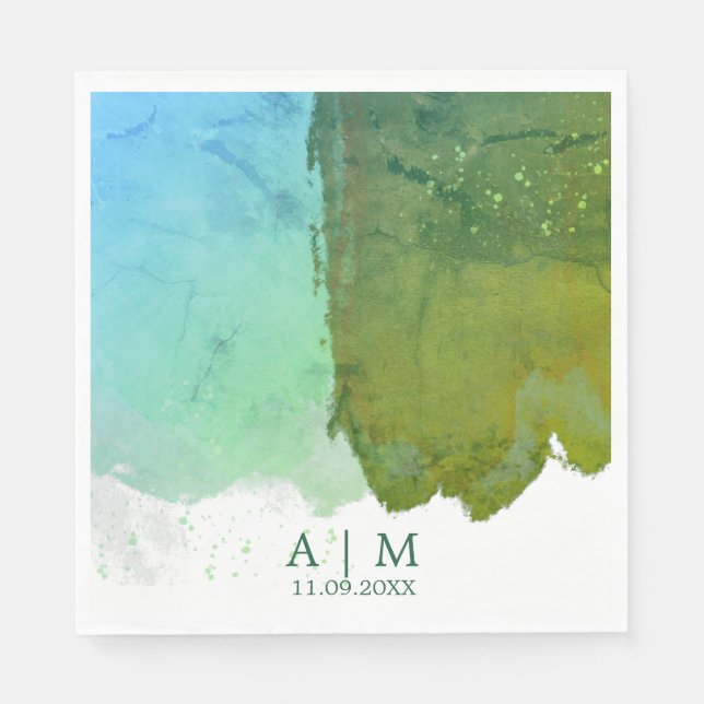 Green And Blue Monogram Watercolor  Napkin (Front)