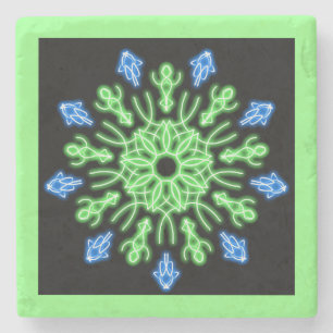 Green and blue neon flower stone coaster