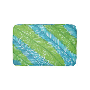 Green and Blue Palm Leaves Pattern Bath Mat