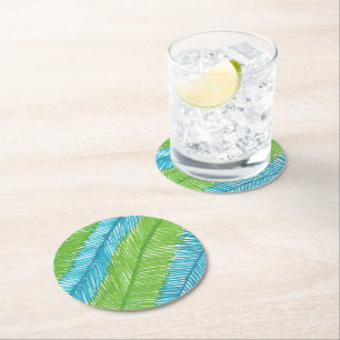 Green and Blue Palm Leaves Pattern Round Paper Coaster