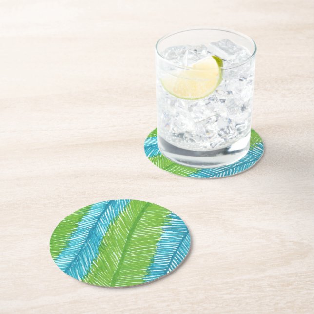 Green and Blue Palm Leaves Pattern Round Paper Coaster (Insitu)