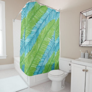 Green and Blue Palm Leaves Pattern Shower Curtain