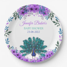 Green and Blue Peacock | Purple Watercolor Flowers