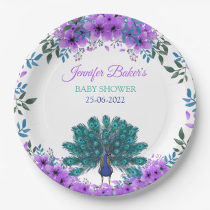 Green and Blue Peacock Purple Watercolor Flowers Paper Plate