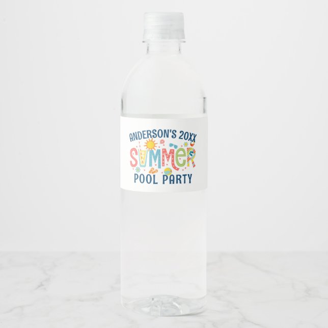 Green and blue playful summer pool party water bottle label (Front)