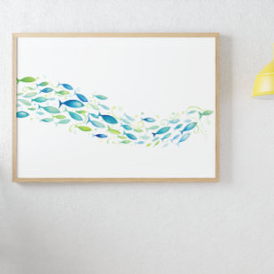 Green and Blue School of Fish Watercolor Poster