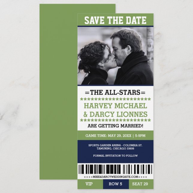 Green and Blue Sports Ticket Save the Date Invitation (Front/Back)