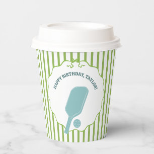 Green and Blue Striped Pickleball Birthday Party Paper Cups