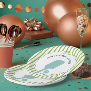 Green and Blue Striped Pickleball Birthday Party Paper Plate