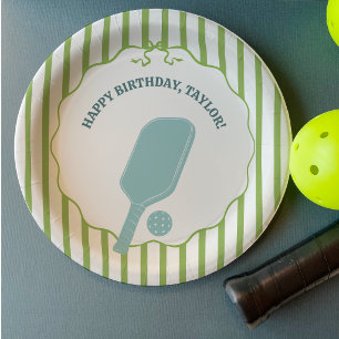 Green and Blue Striped Pickleball Birthday Party Paper Plate