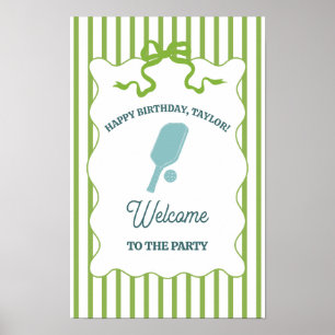 Green and Blue Striped Pickleball Birthday Party Poster