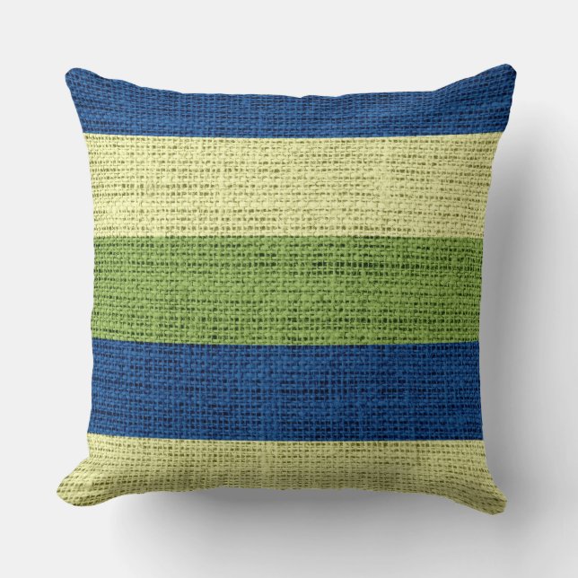 Green and Blue Stripes Burlap Linen Rustic Jute Throw Pillow (Front)