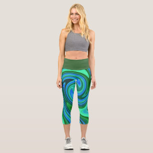 Green and Blue Swirl - Cool Abstract Psychedelic Capri Leggings