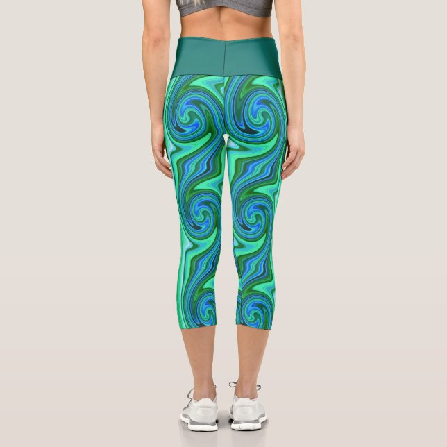 Green and Blue Swirl - Cool Abstract Psychedelic Capri Leggings (Back)