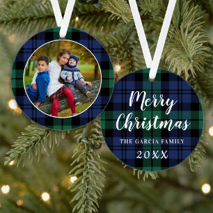 Green and Blue Tartan Plaid Custom Family Photo Ornament