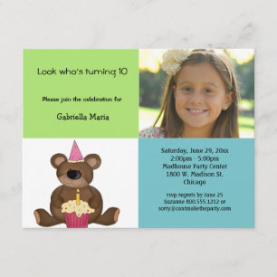 Green And Blue Teddy Bear Photo Invitation