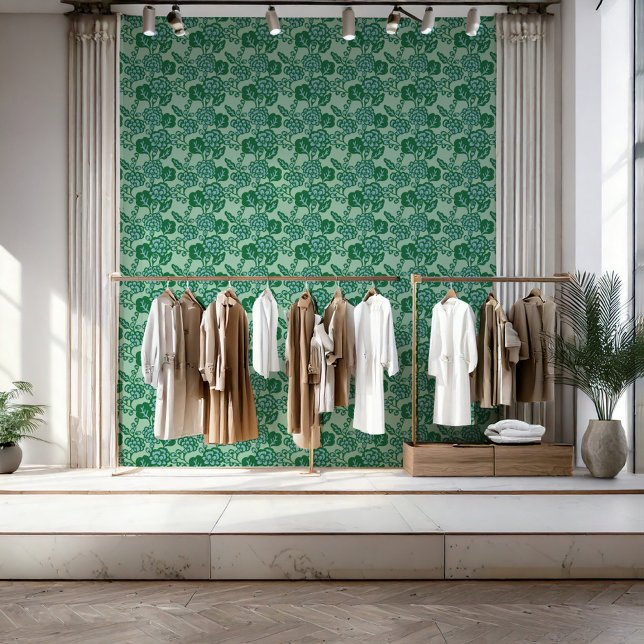 Green and Blue Vibrant and Bold Floral Pattern Wallpaper (A business that thrives on bold and vibrant design, with a signature touch of floral patterns.)