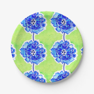 Green and Blue Watercolor Flowers Paper Plate