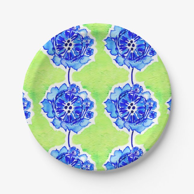 Green and Blue Watercolor Flowers Paper Plate (Front)