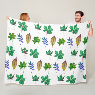 Green and Blue Watercolor Leaves Fleece Blanket