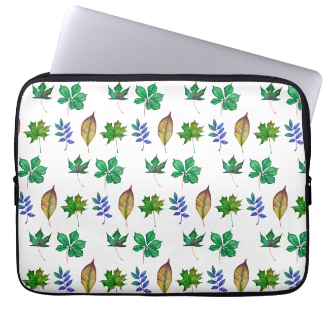 Green and Blue Watercolor Leaves Laptop Sleeve (Front)
