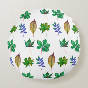 Green and Blue Watercolor Leaves Round Pillow