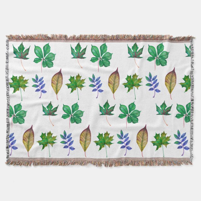 Green and Blue Watercolor Leaves Throw Blanket (Front)