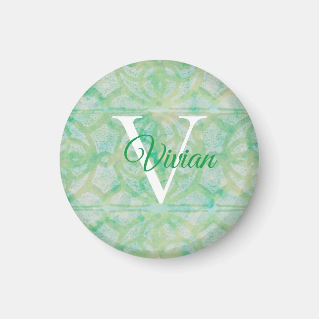 Green And Blue Watercolor Monogram Name Magnet (Front)