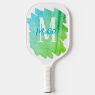 Green and Blue Watercolor Monogram  Pickleball Paddle
