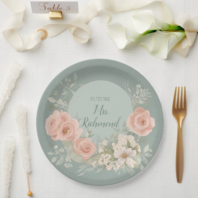 Green and Blush Pink Floral Paper Plate (Wedding)