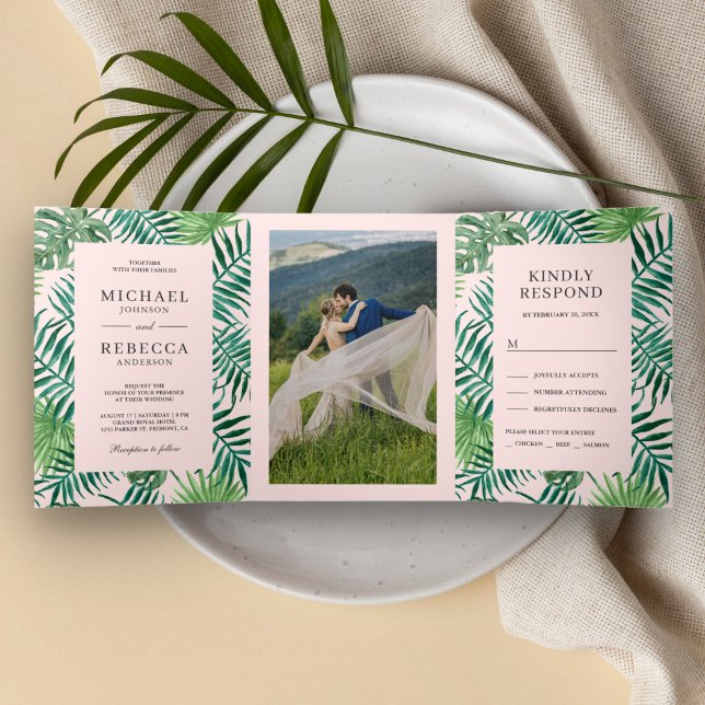Green and Blush Pink Palm Leaves Tropical Wedding Tri-Fold Invitation (Creator Uploaded)